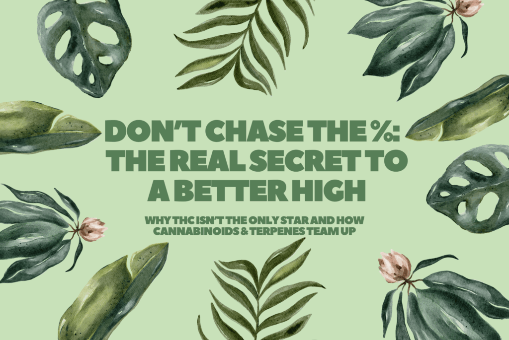 Botanical-themed graphic with the headline “Don’t chase the %: The real secret to a better high,” promoting cannabis education around TAC, THC, and terpene synergy for a more balanced experience.